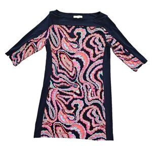 Banana Republic Navy Blue Paisley Sheath Dress Size Medium Stretch Boatneck Knee